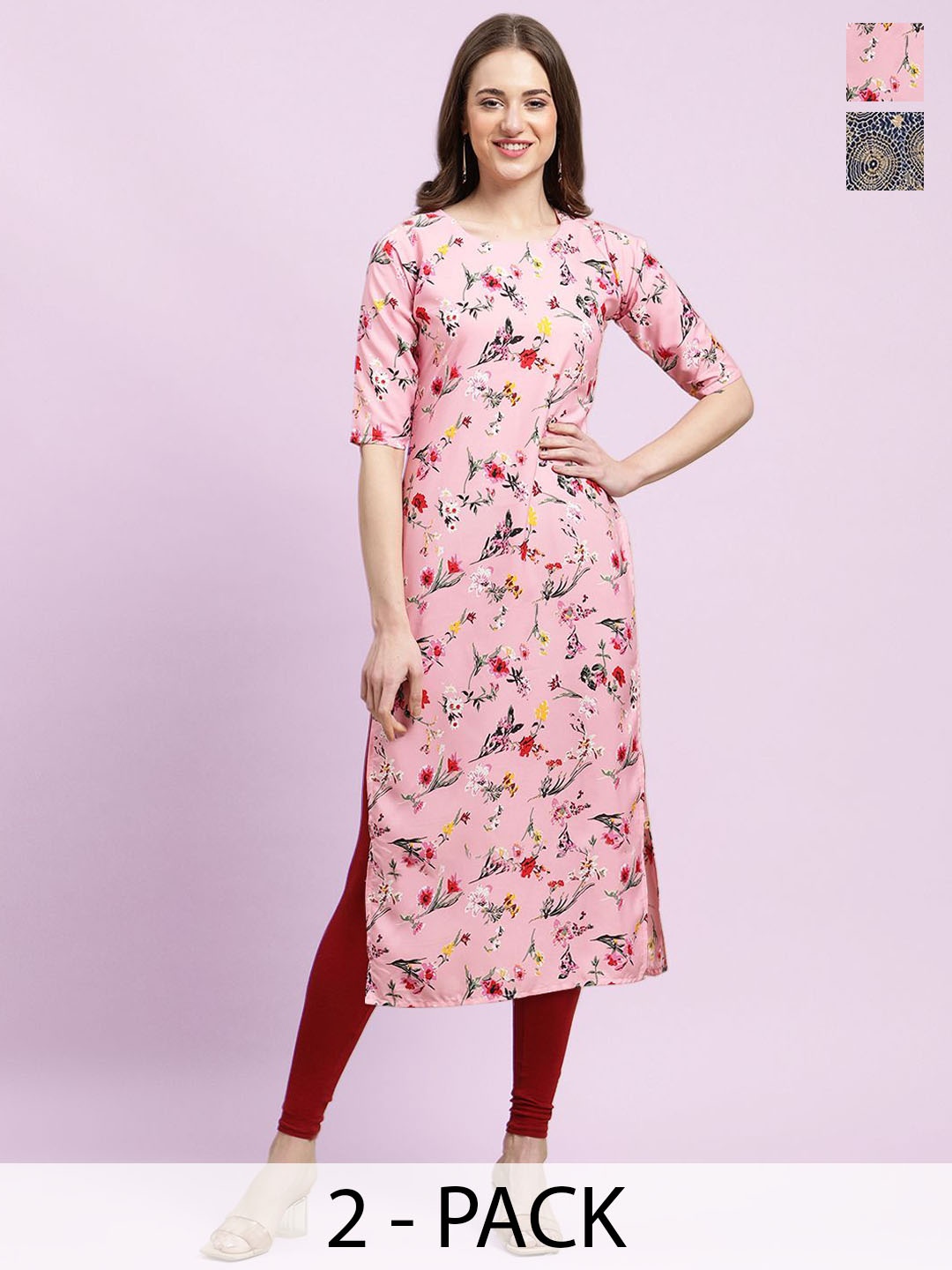 

Moda Rapido Pink & Grey Selection of 2 Floral Printed Straight Kurtas