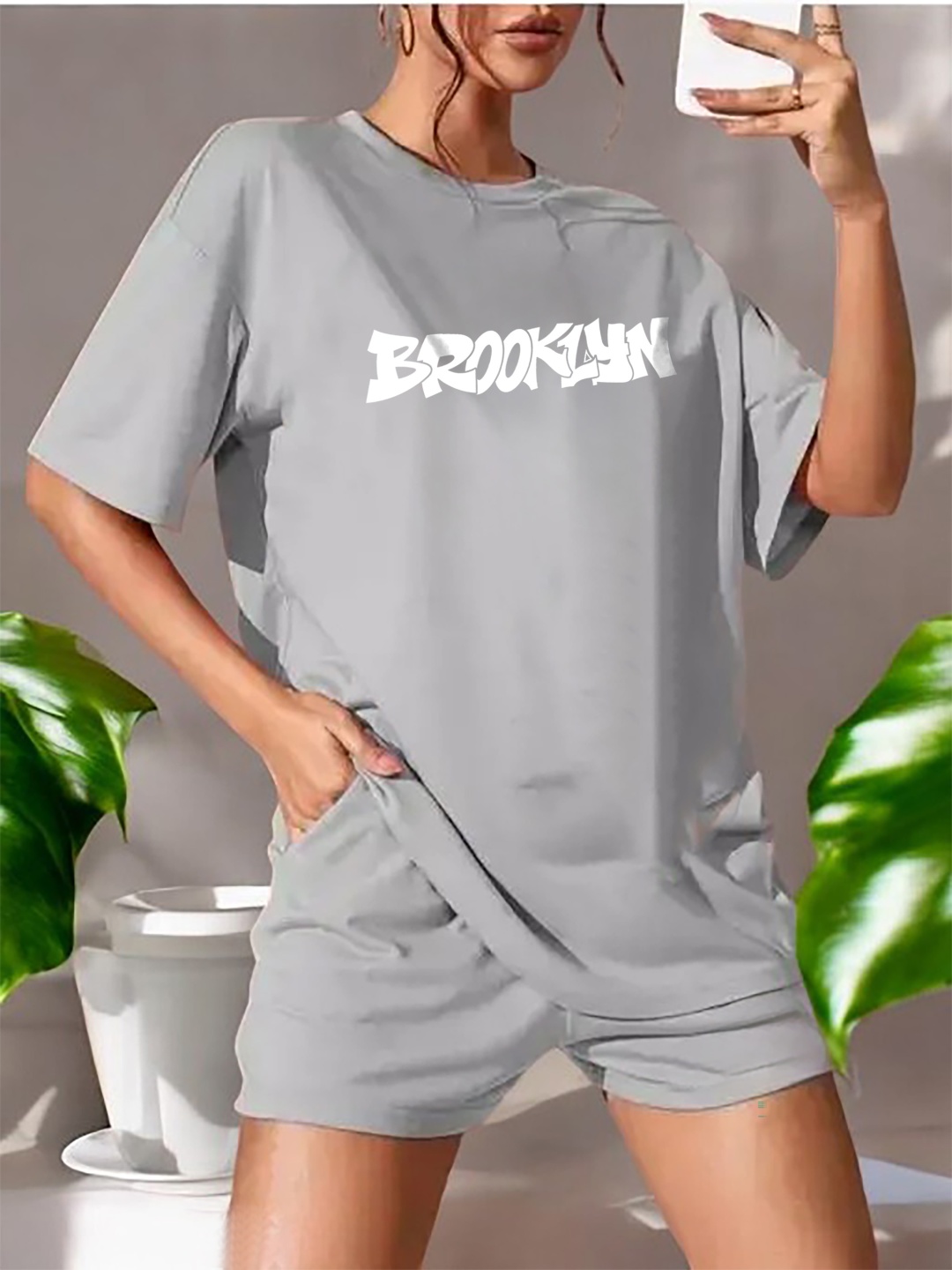 

My Swag Women Printed Cotton T-Shirt & Shorts Co Ord Set, Grey
