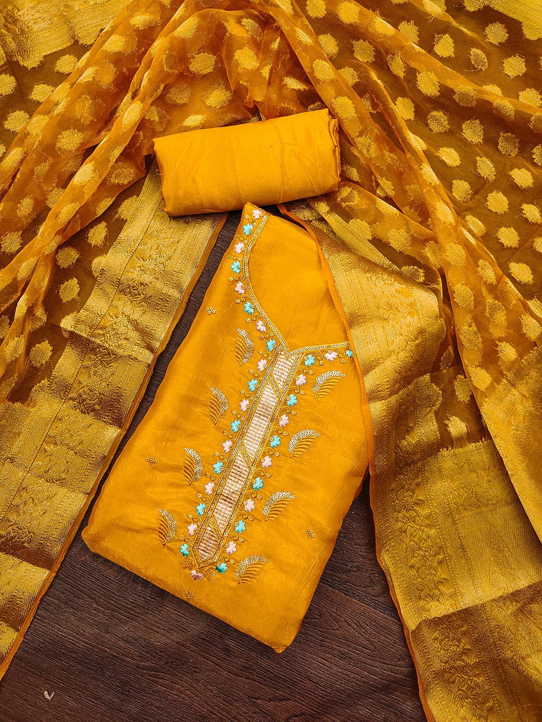 

KALINI Embroidered Pure Silk Unstitched Dress Material, Yellow