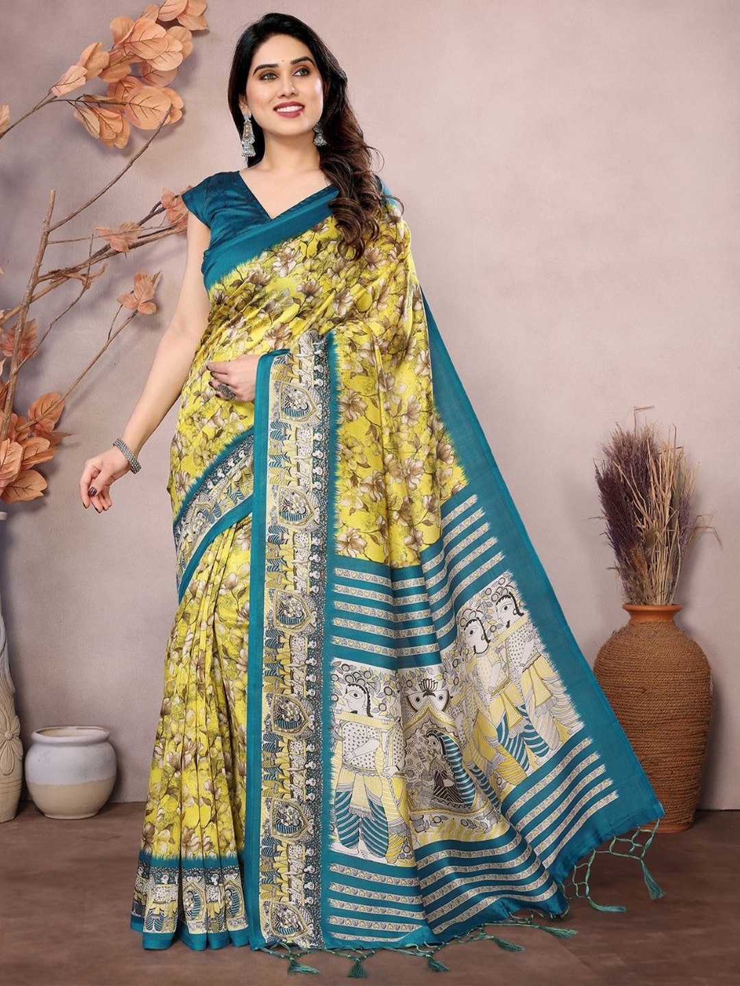 

KALINI Floral Art Silk Saree, Yellow