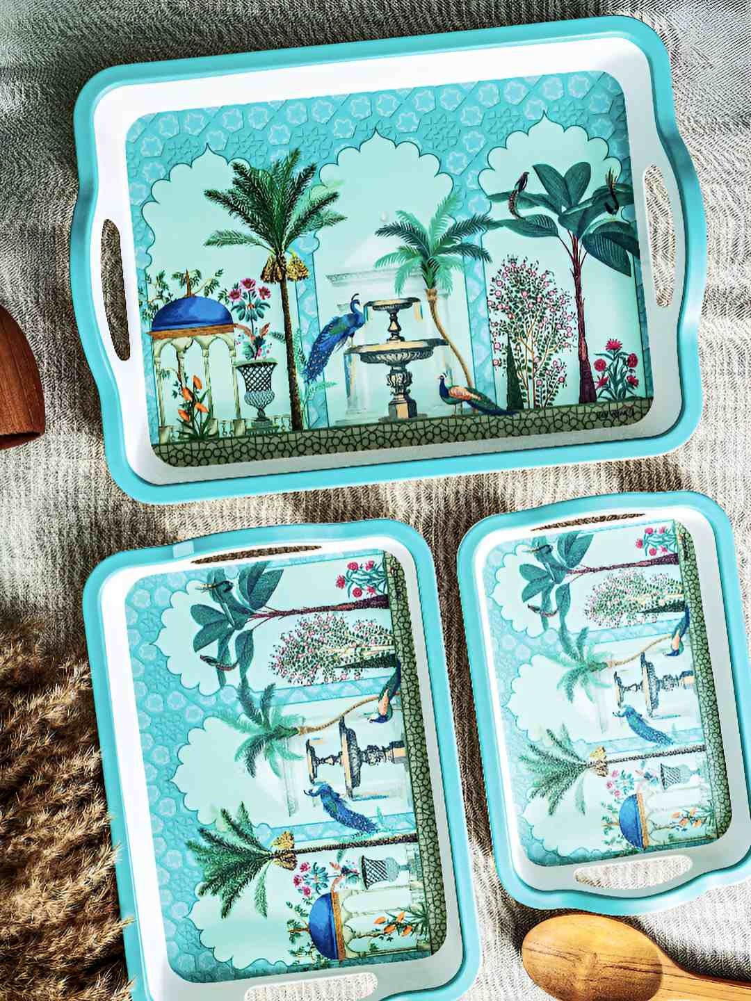 

Servewell Green 3 Pieces Printed Melamine Dishwasher Safe Serving Trays