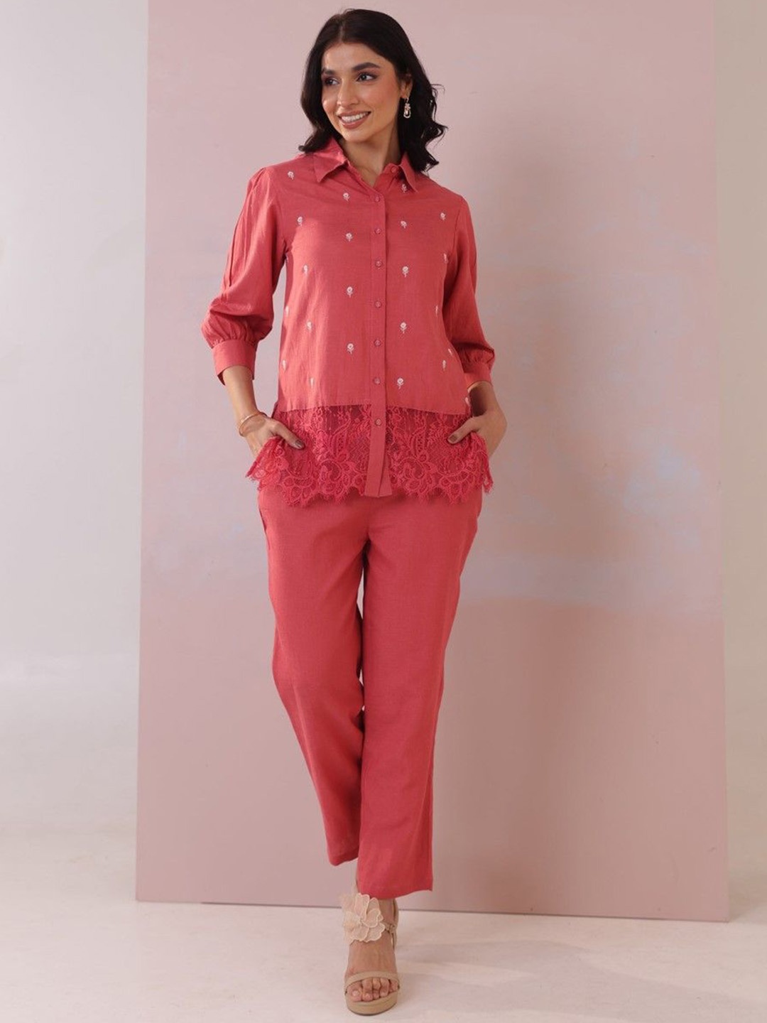 

AUTUMN LANE Floral Embroidered Shirt Collar Pure Cotton Shirt With Trouser, Red