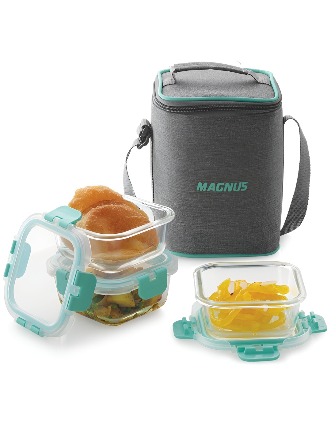 

MAGNUS Glock Linen Grey & Green 3 Pieces Borosilicate Glass Lunch Box With Bag