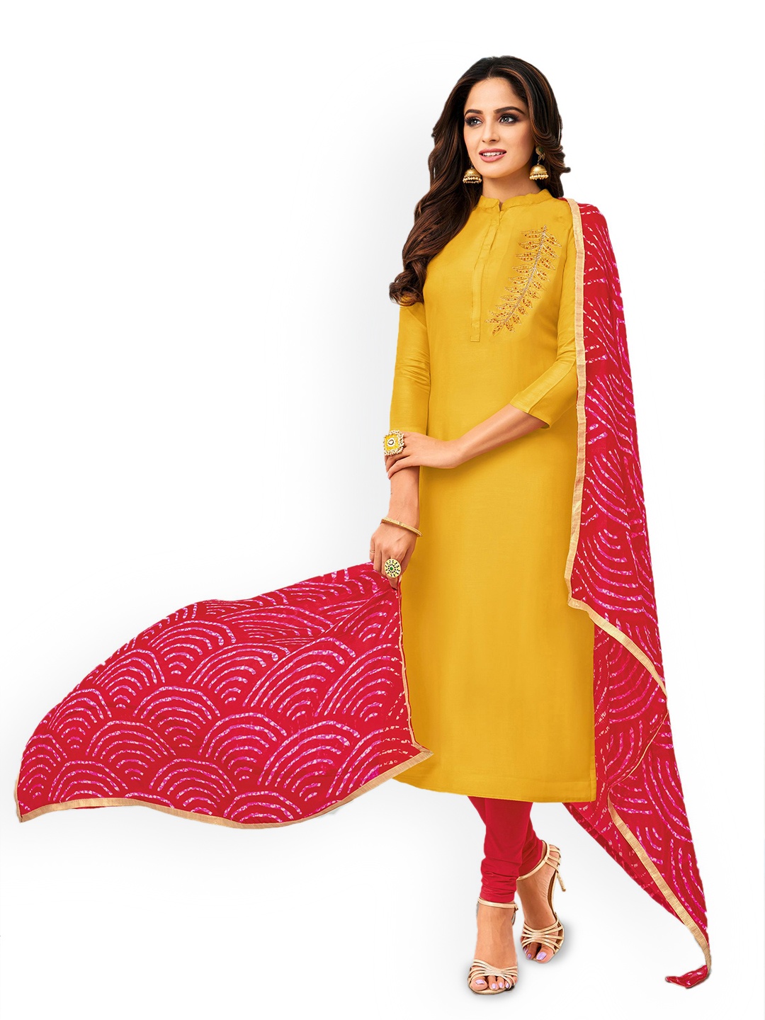 

HERE&NOW Floral Embroiderd Sequinned Chanderi Cotton Unstitched Dress Material, Yellow