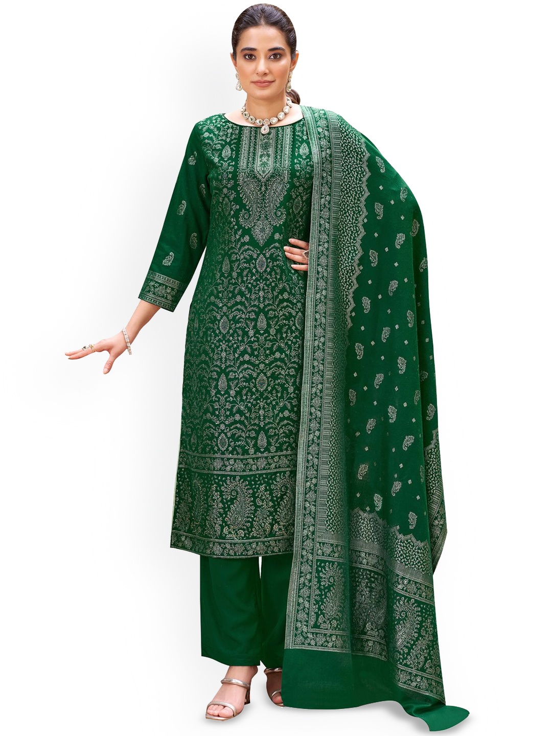 

DRAVINAM Trends Ethnic Motifs Woven Unstitched Dress Material, Green