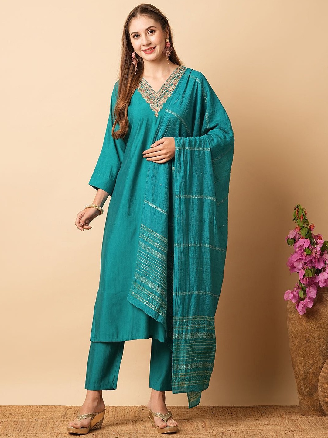 

KALINI Floral Yoke Design V-Neck Zari Pure Cotton Straight Kurta With Trouser & Dupatta, Blue