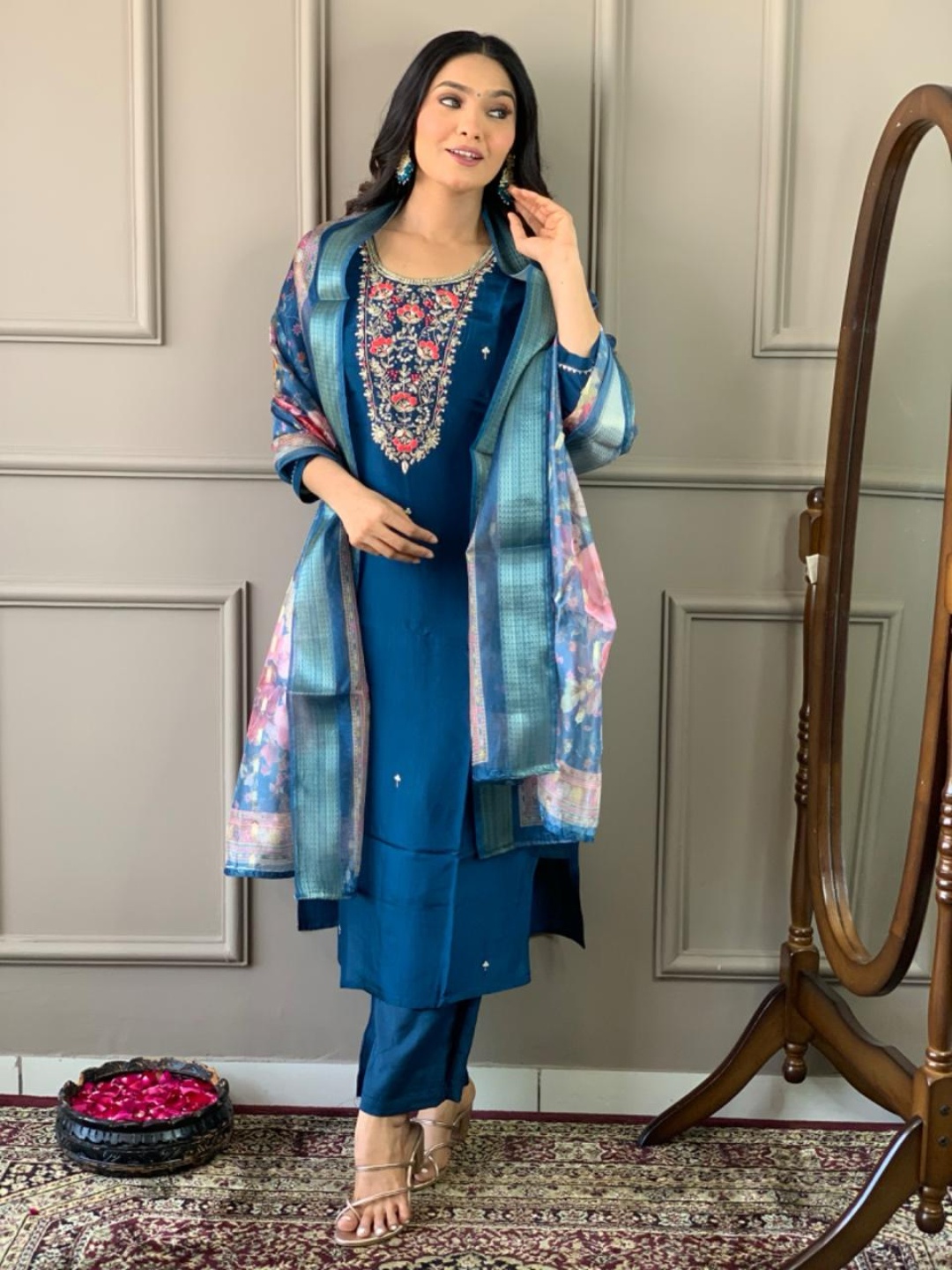

Moda Rapido Floral Embroidered Straight Kurta With Trousers & Dupatta, Blue