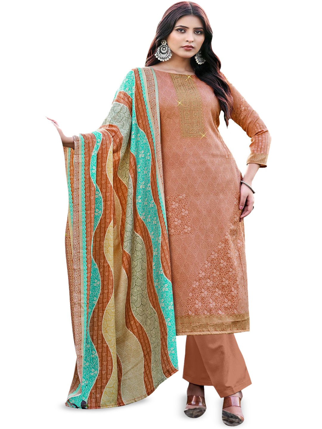 

DRAVINAM Trends Floral Printed Pashmina Unstitched Dress Material, Orange