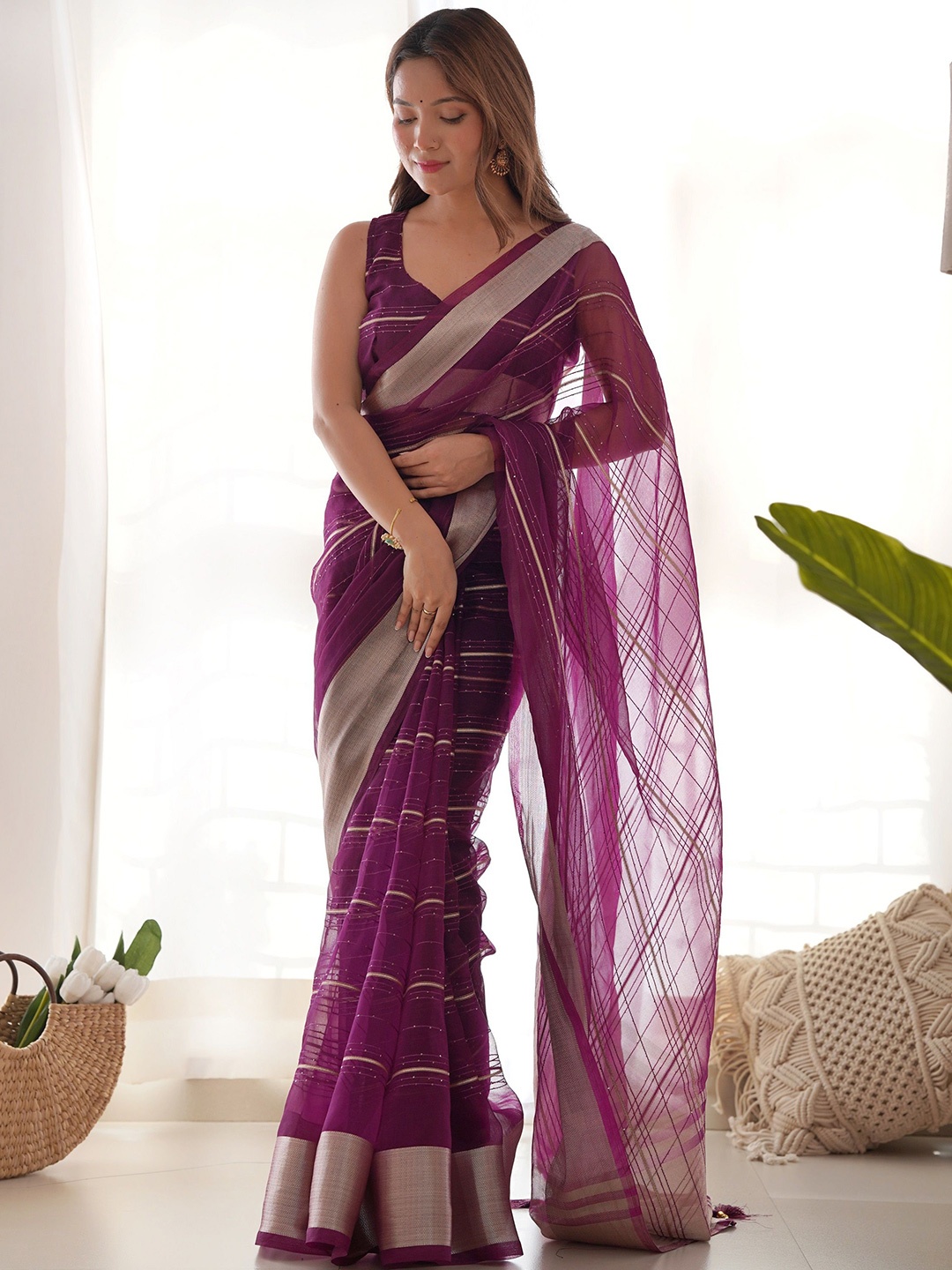 

J.KANJI Embellished Zari Organza Khadi Saree, Purple