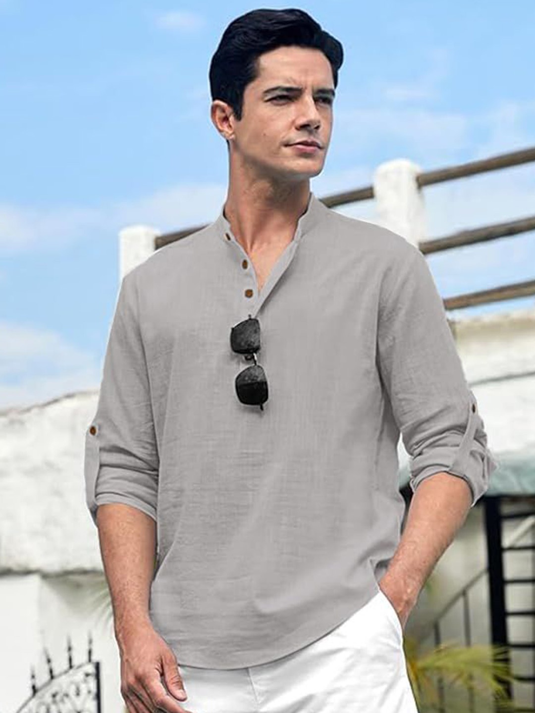 

Vida Loca Cotton Band Collar Slim Fit Short Kurta, Grey