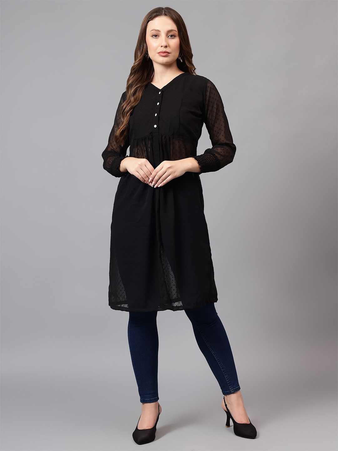 

BAESD Puff Sleeve Georgette A-Line Dress, Black