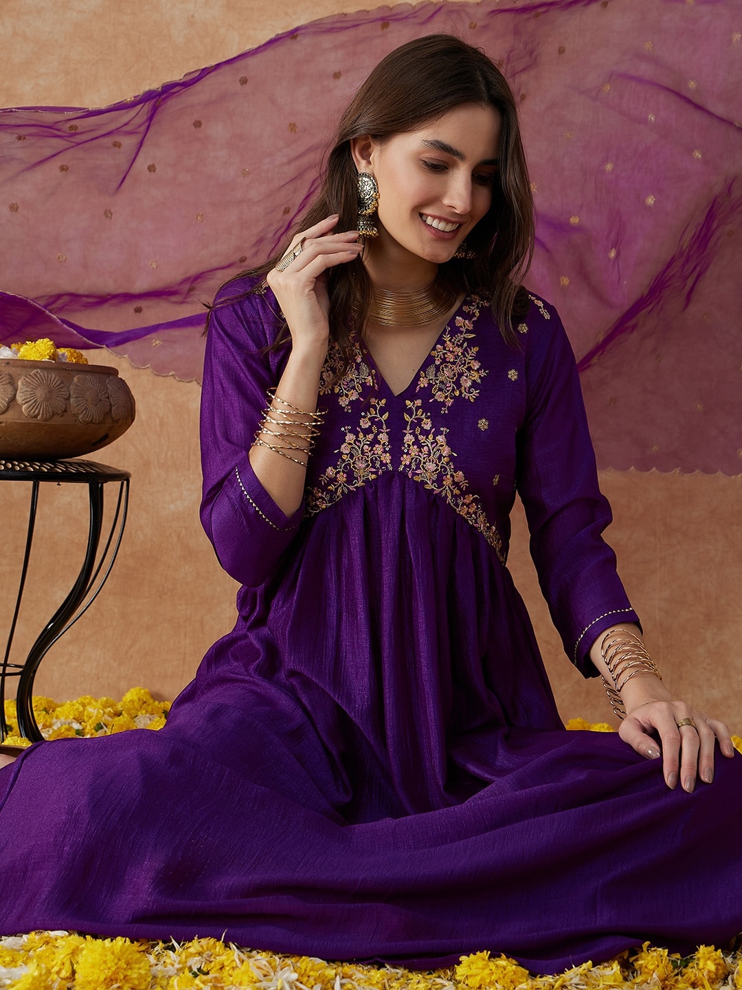 

Moda Rapido Floral Embroidered V-Neck Empire Anarkali Kurta With Trouser & Dupatta, Lavender