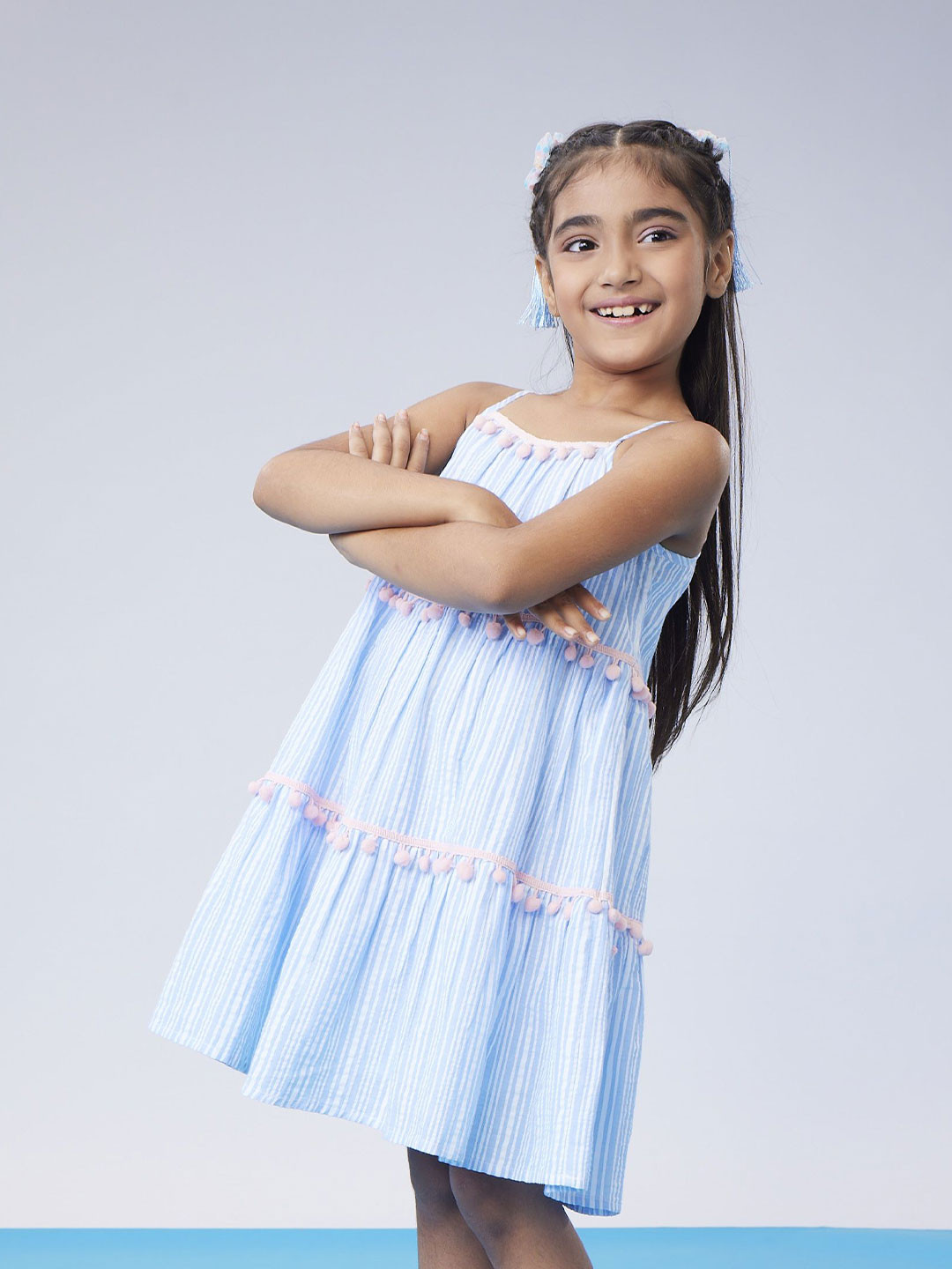 

MASTARANG Girls Three Tiered Tie Up Dress With Contrast Pom Pom Lace, Blue