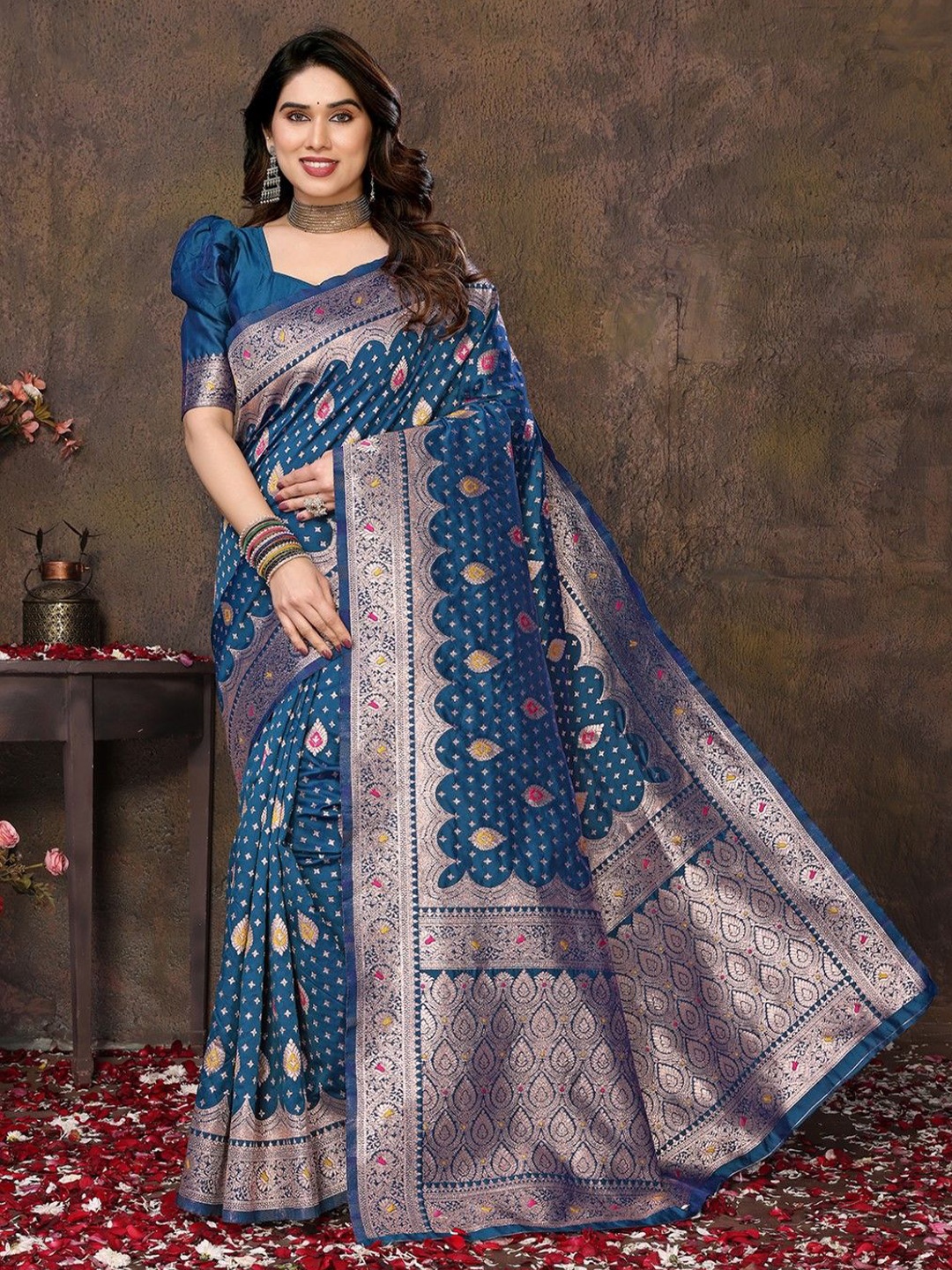 

KALINI Ethnic Motifs Woven Design Zari Banarasi Saree, Blue