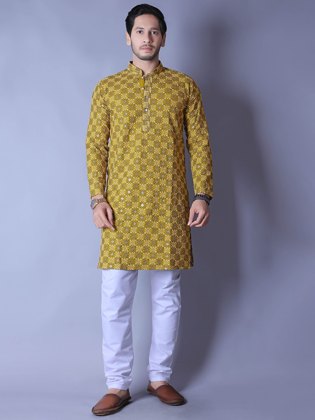 

ALMORA Ethnic Motifs Embroidered Mandarin Collar Sequinned Pure Cotton Straight Kurta, Yellow