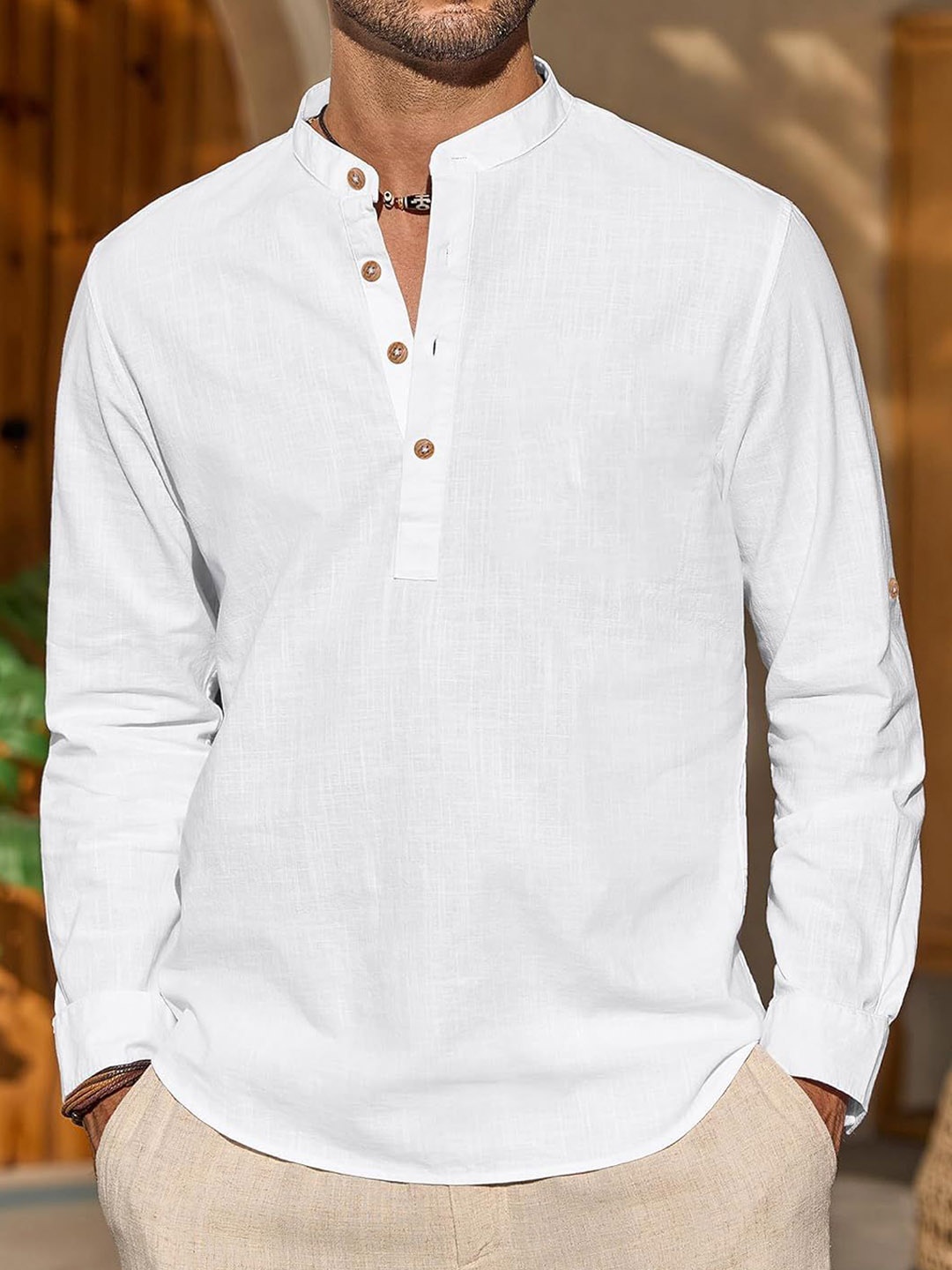 

Vida Loca Band Collar Cotton Straight Slim Fit Short Kurta, White