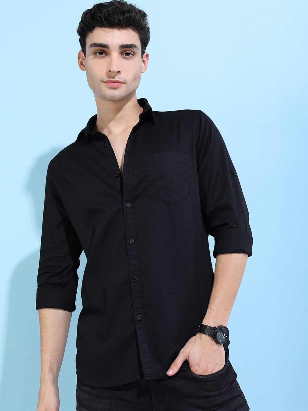 

NANCHI Men Semi Sheer Casual Shirt, Black