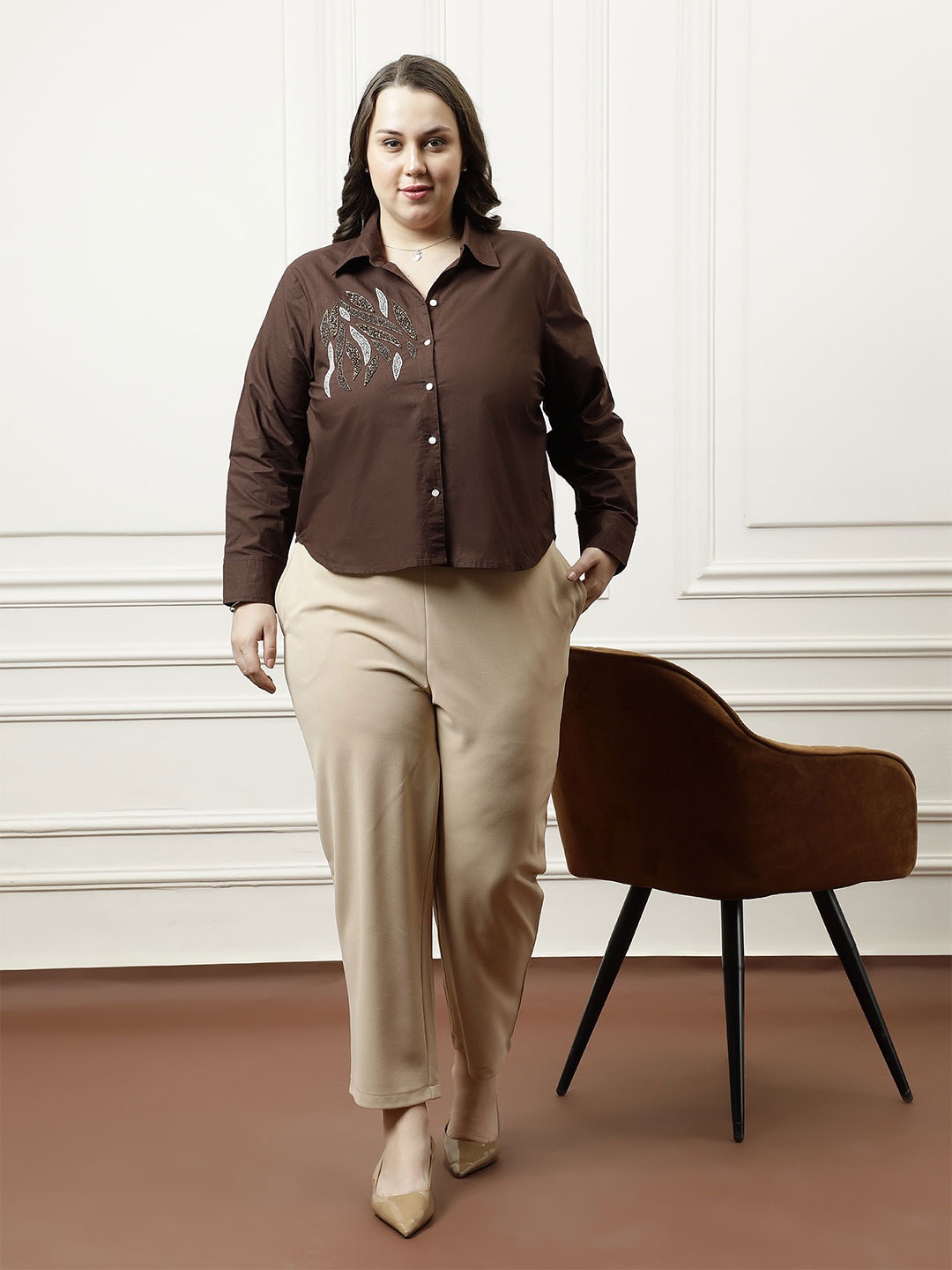 

Athena Ample Women Relaxed Opaque Party Shirt, Brown
