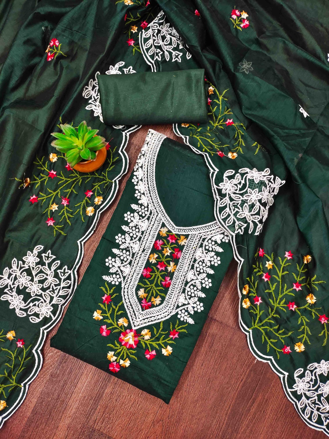 

KALINI Embroidered Unstitched Dress Material, Green