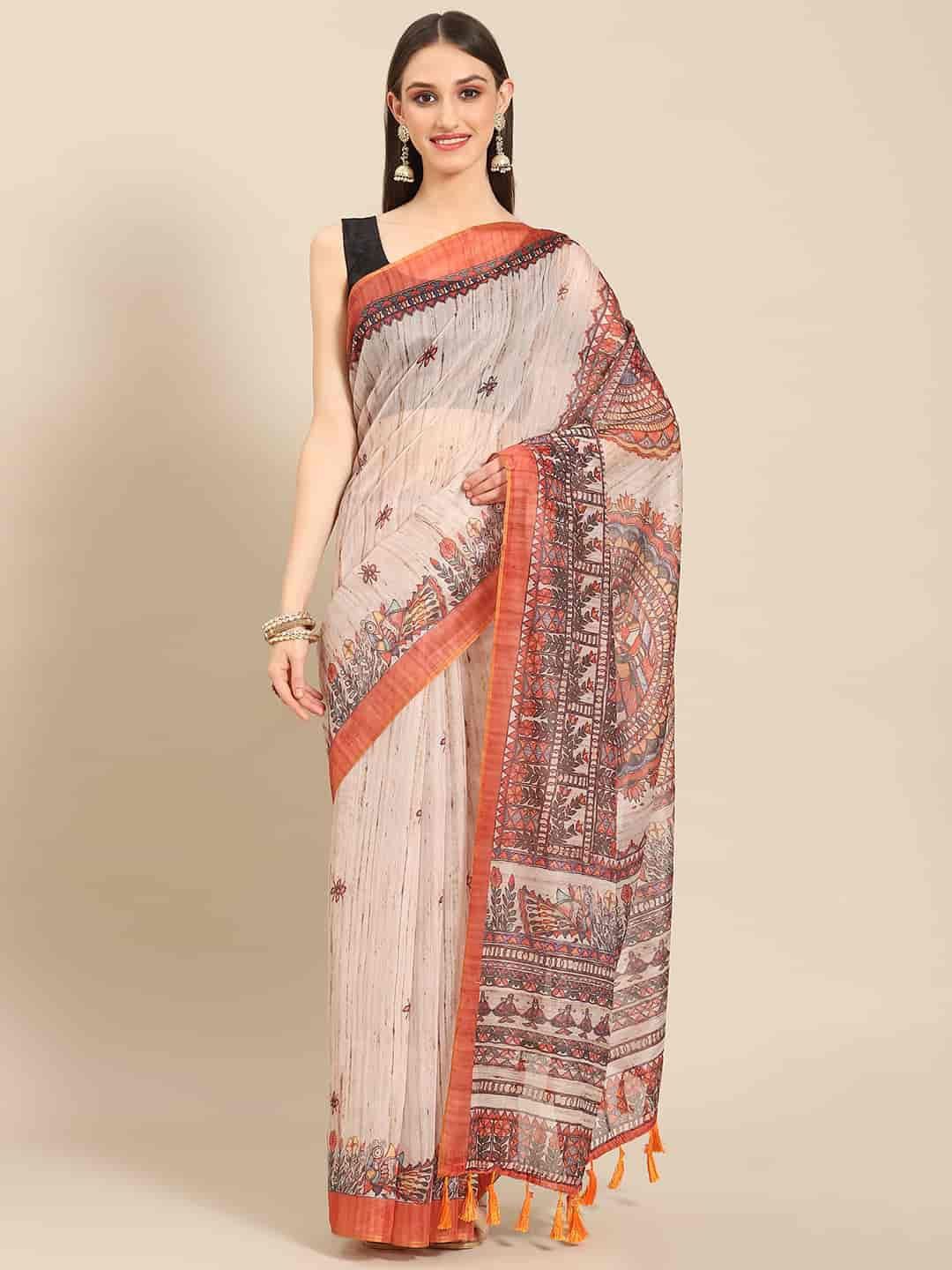 

DIVASTRI Digital Printed Kalamkari Chanderi Cotton Saree With Tassels, Beige