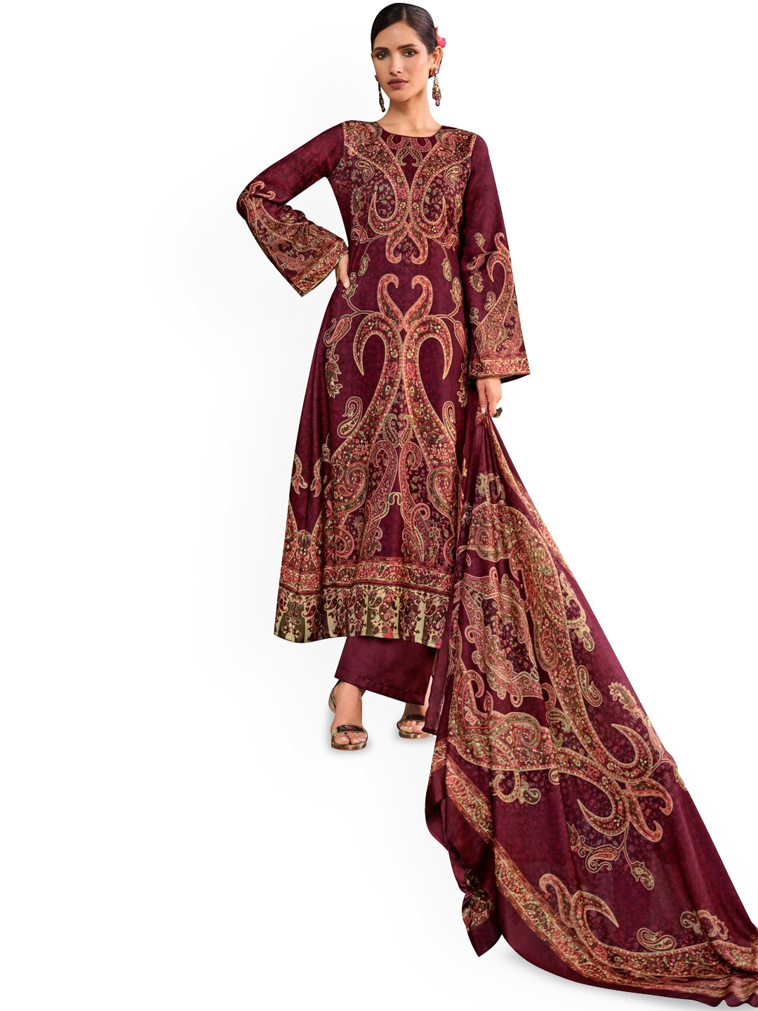 

DRAVINAM Trends Ethnic Motifs Pashmina Unstitched Dress Material, Maroon