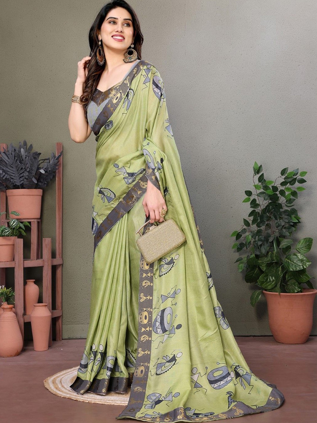 

KALINI Ethnic Motifs Art Silk Saree, Lime green