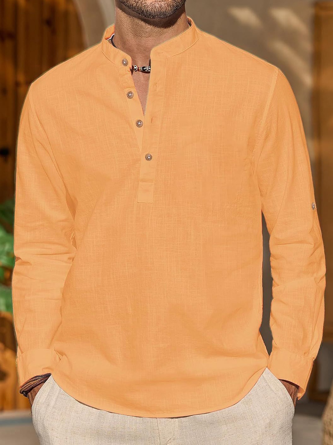 

Vida Loca Band Collar Cotton Straight Slim Fit Short Kurta, Orange