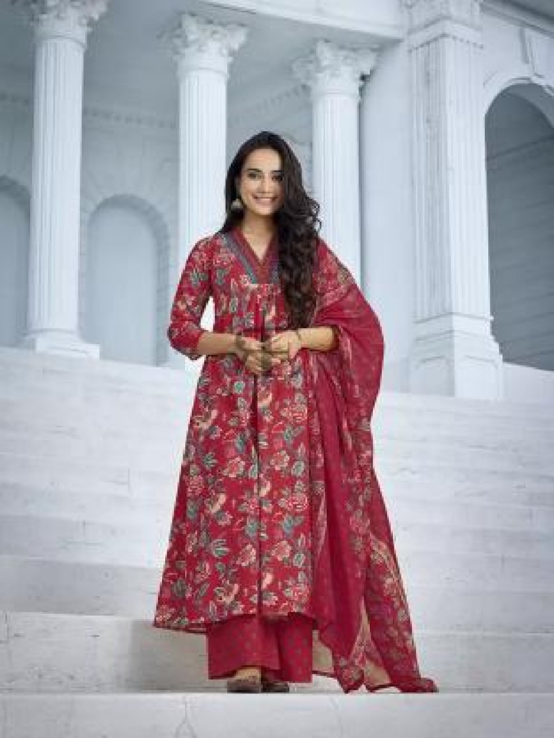 

Moda Rapido Floral Printed Pure Cotton V-Neck Anarkali Kurta With Trousers & Dupatta, Pink