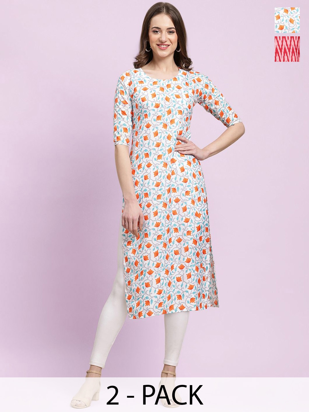 

Moda Rapido White & Red Selection of 2 Floral Printed Straight Kurtas