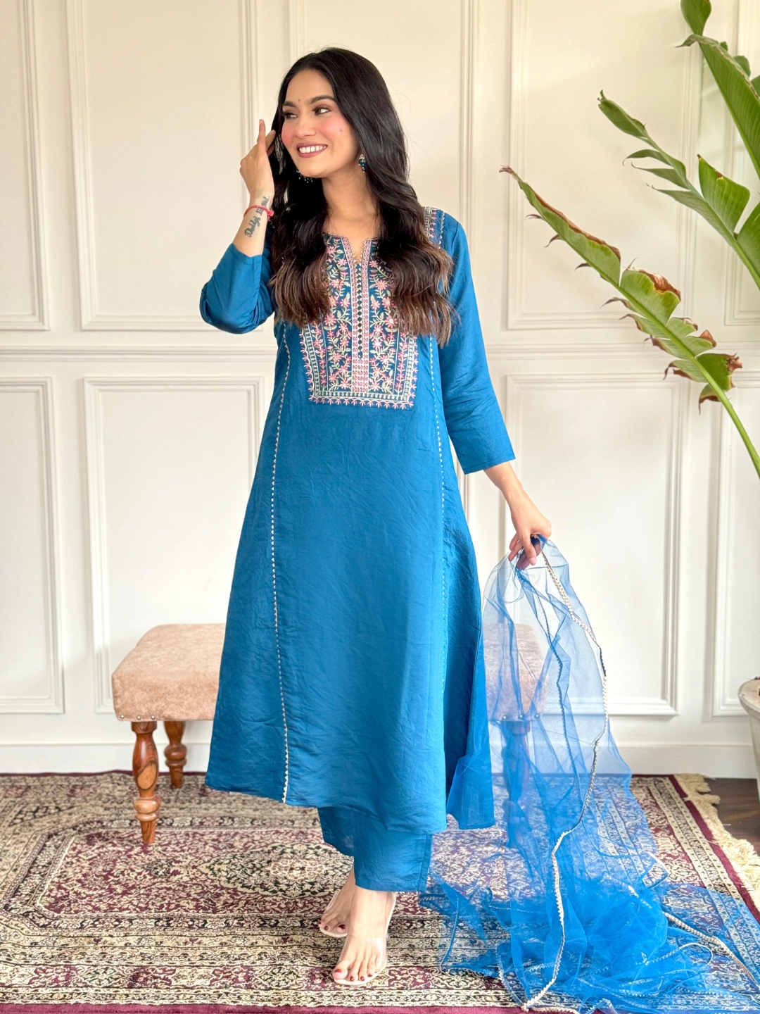 

Moda Rapido Ethnic Motifs Embroidered Chanderi Silk Kurta With Trousers & Dupatta, Blue