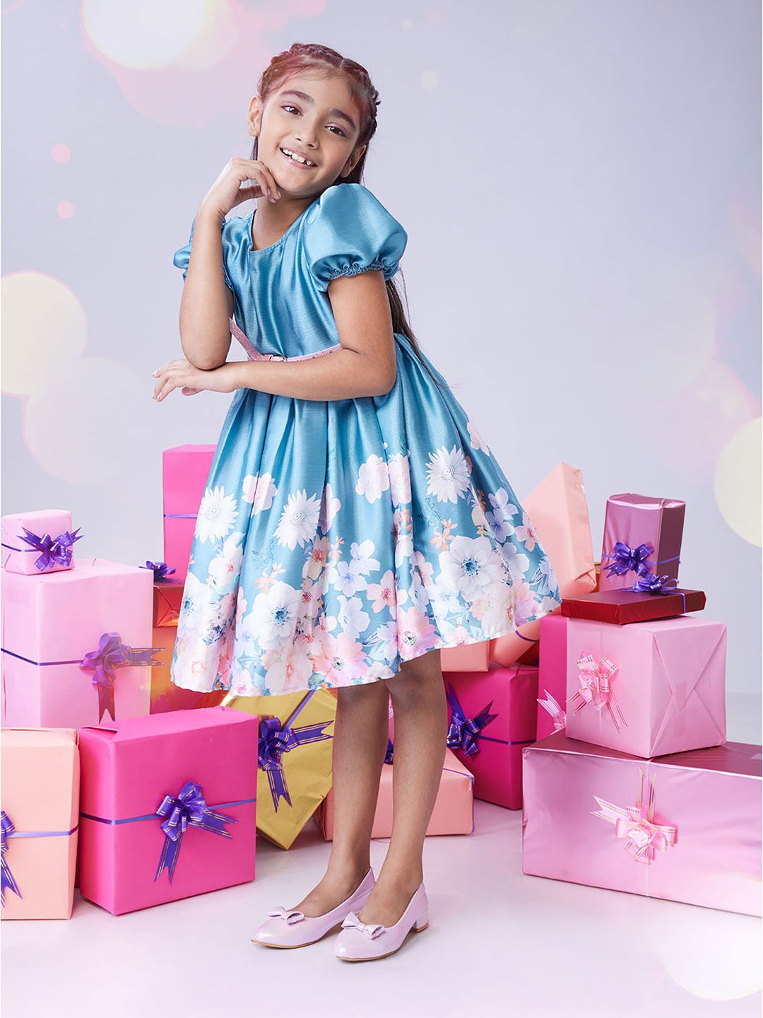 

MASTARANG Girls Floral Printed Fit & Flare Dress With Belt, Teal