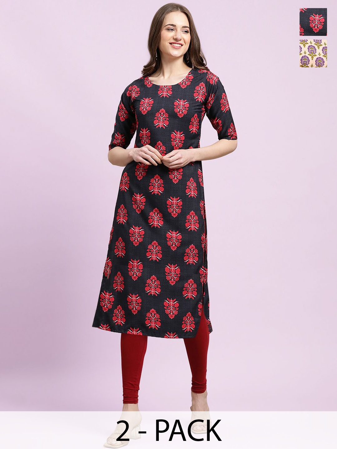 

Moda Rapido Black & Beige Selection Of 2 Floral Printed Straight Kurtas