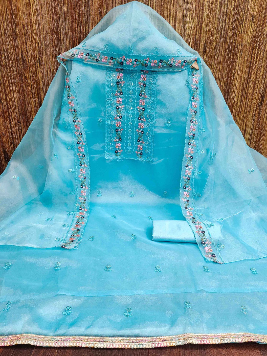 

KALINI Embroidered Organza Unstitched Dress Material, Blue
