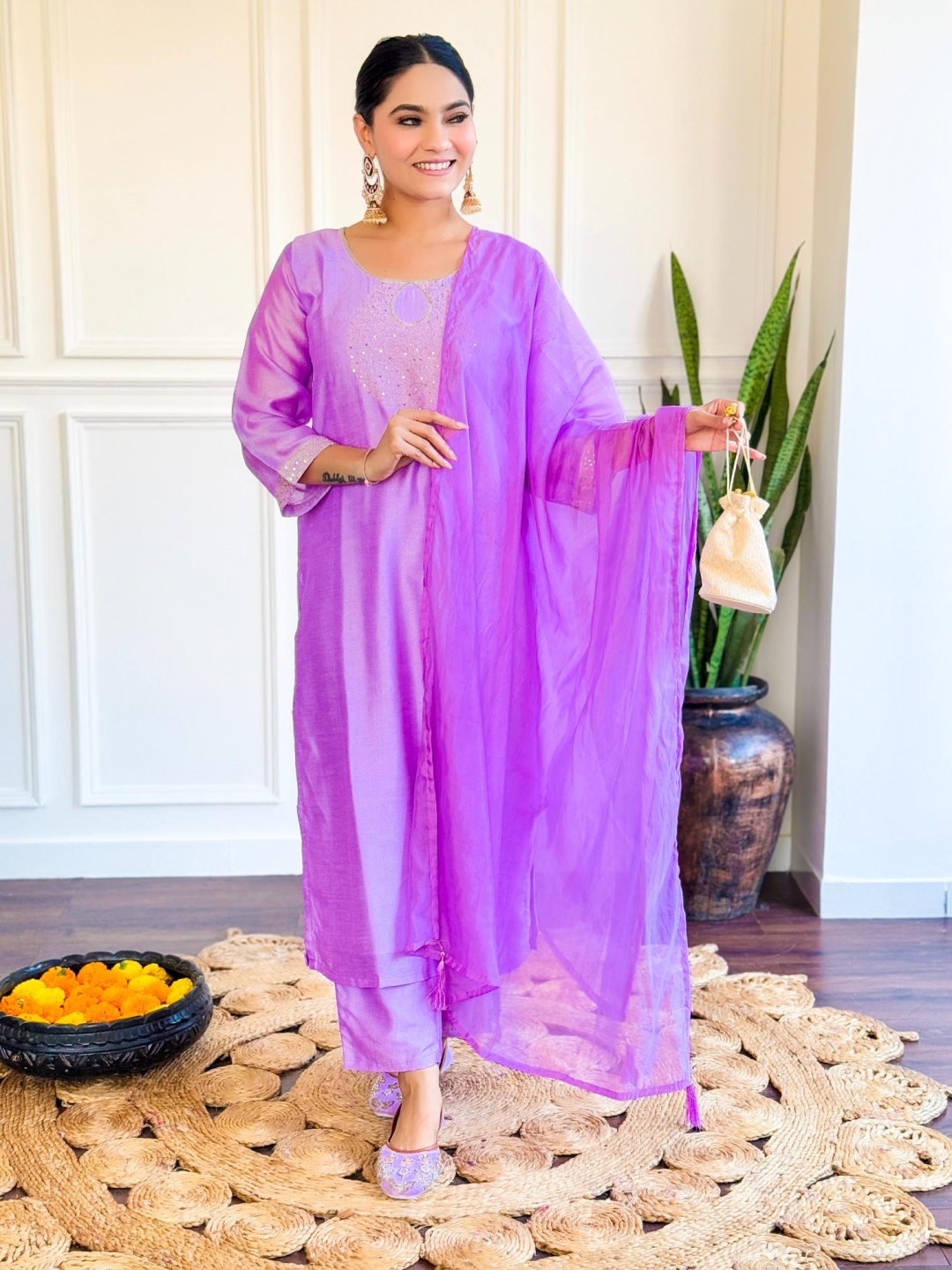 

Moda Rapido Floral Embroidered Round Neck Kurta with Trousers & Dupatta, Purple
