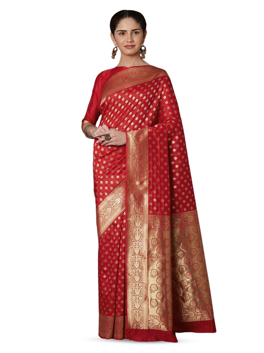 

shree enterprises Ethnic Motifs Woven Design Zari Banarasi Saree, Red