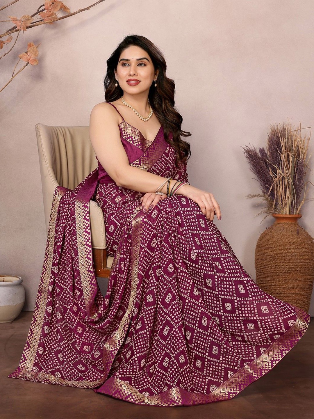 

KALINI Bandhani Zari Poly Georgette Bandhani Saree, Purple