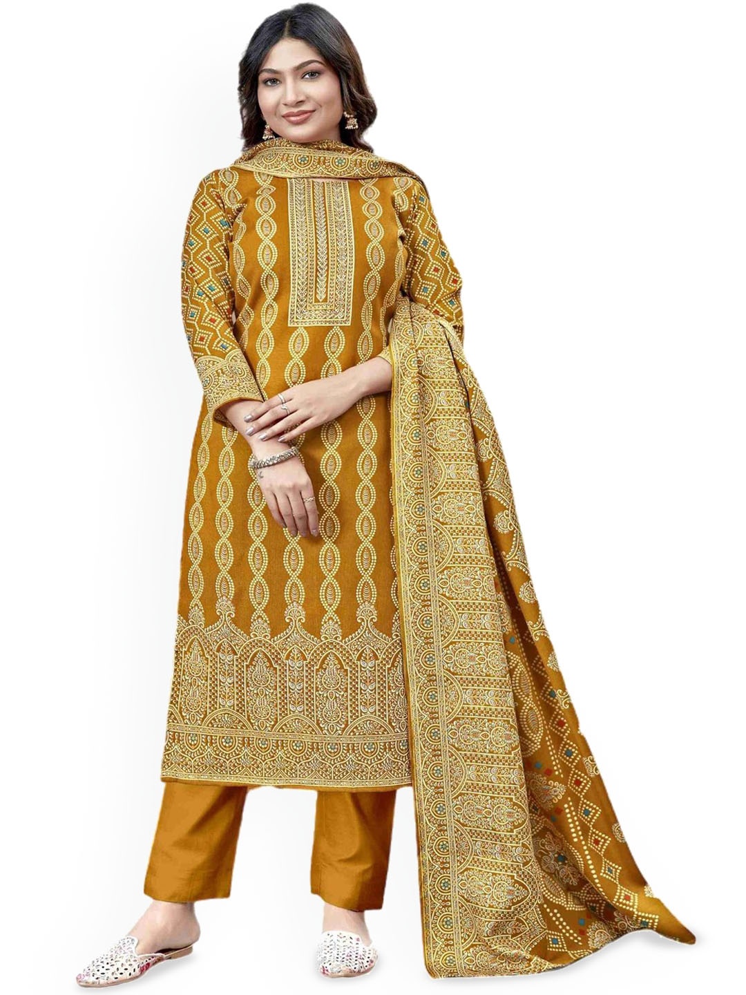 

DRAVINAM Trends Ethnic Motifs Printed Pashmina Unstitched Dress Material, Yellow