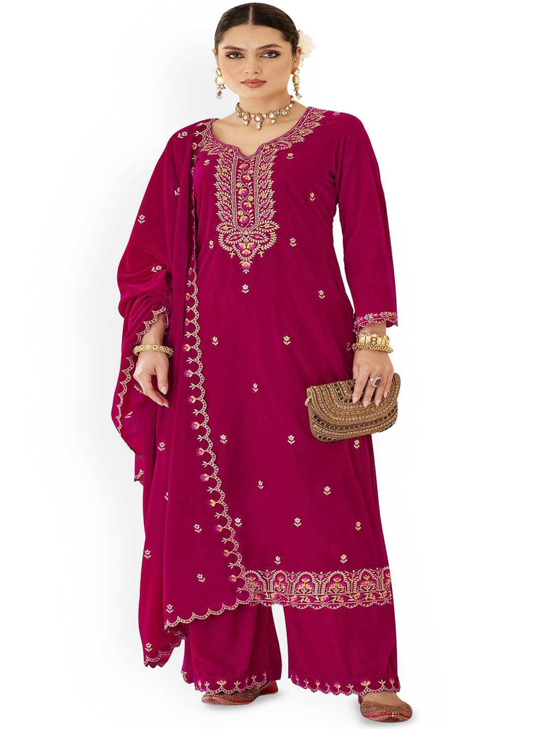 

DRAVINAM Trends Floral Embroidered Velvet Unstitched Dress Material, Red