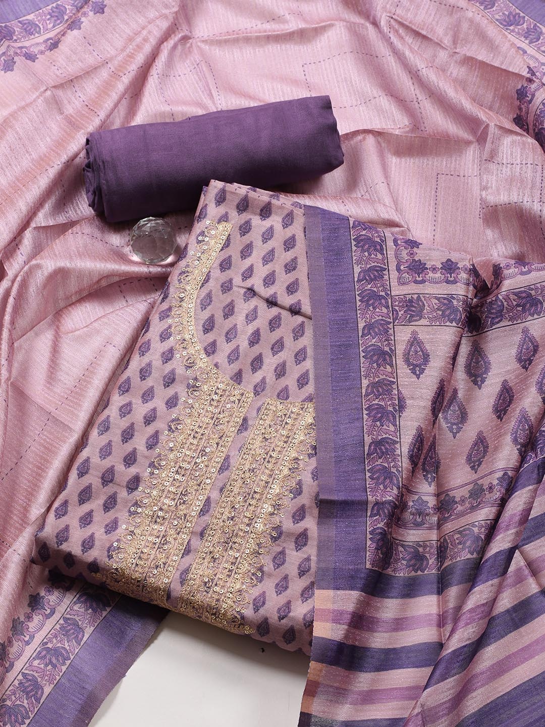 

Meena Bazaar Printed Art Silk Unstitched Dress Material, Purple