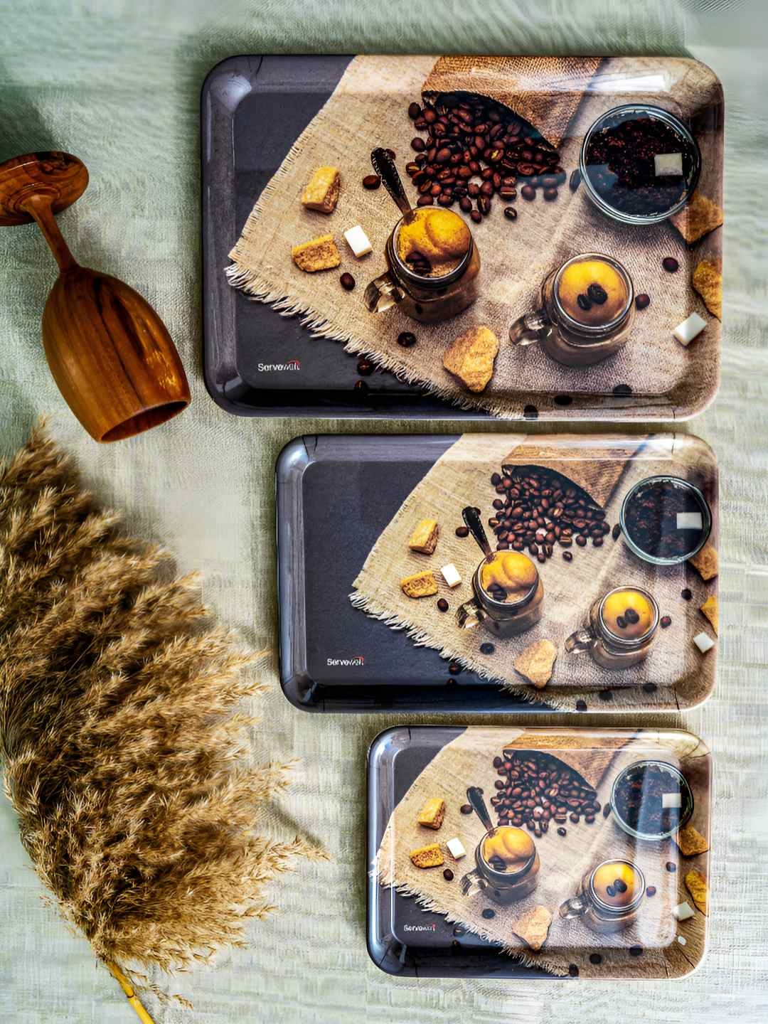 

Servewell Beige & Black 3 Pieces Printed Melamine Dishwasher Safe Serving Tray