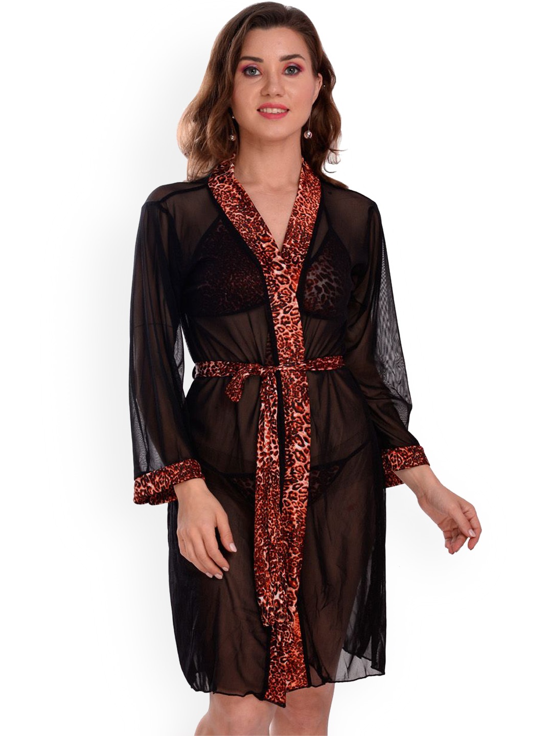 

Fihana Women Animal Printed Net With Robe, Black