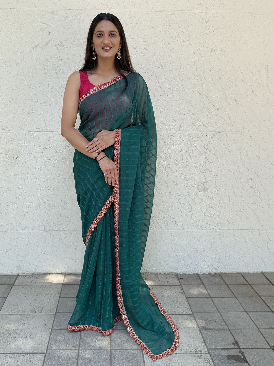 

A TO Z CART Striped Sequinned Pure Chiffon Saree, Teal