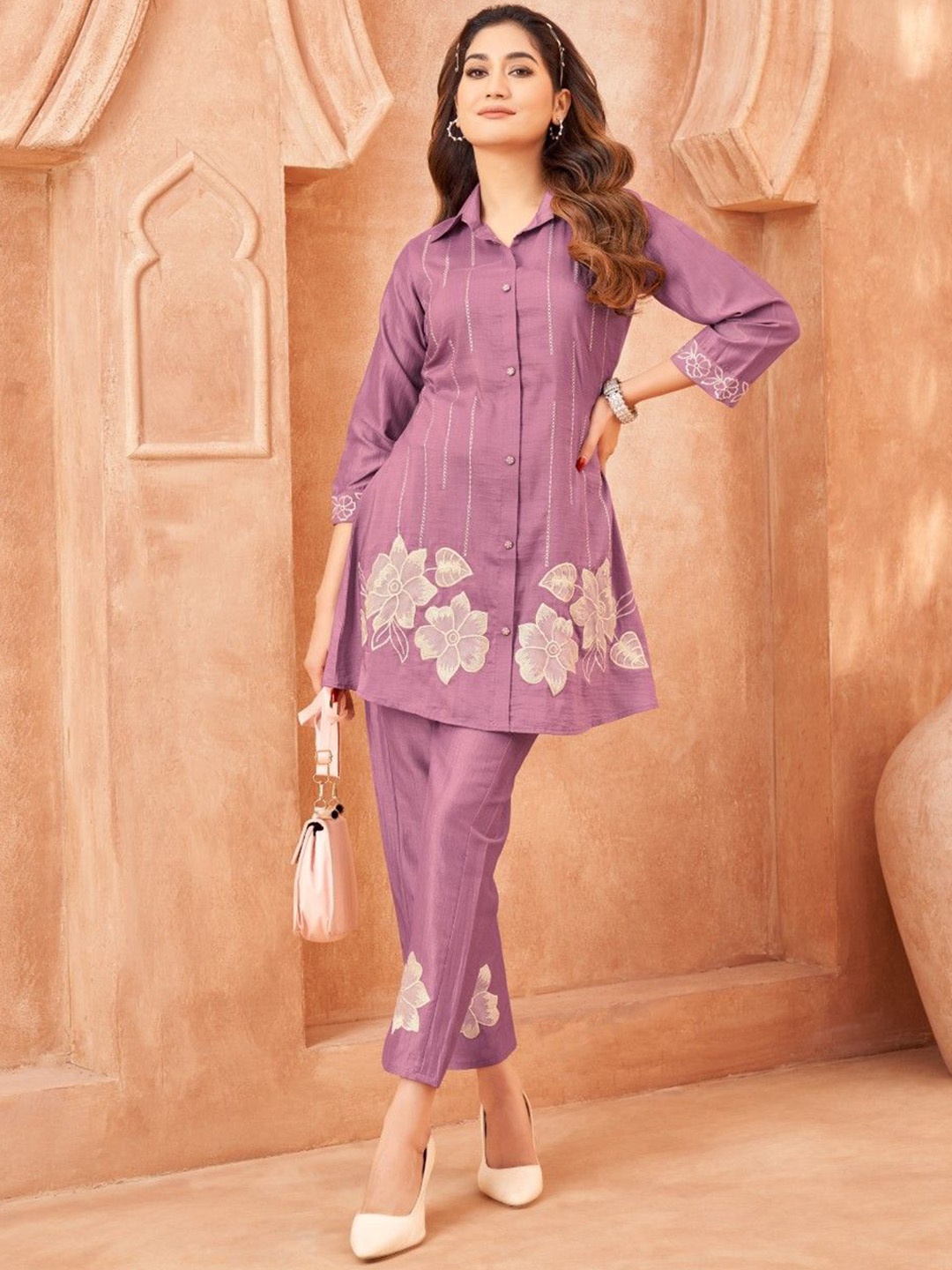 

AUTUMN LANE Floral Printed Shirt Collar Tunic With Trouser, Purple