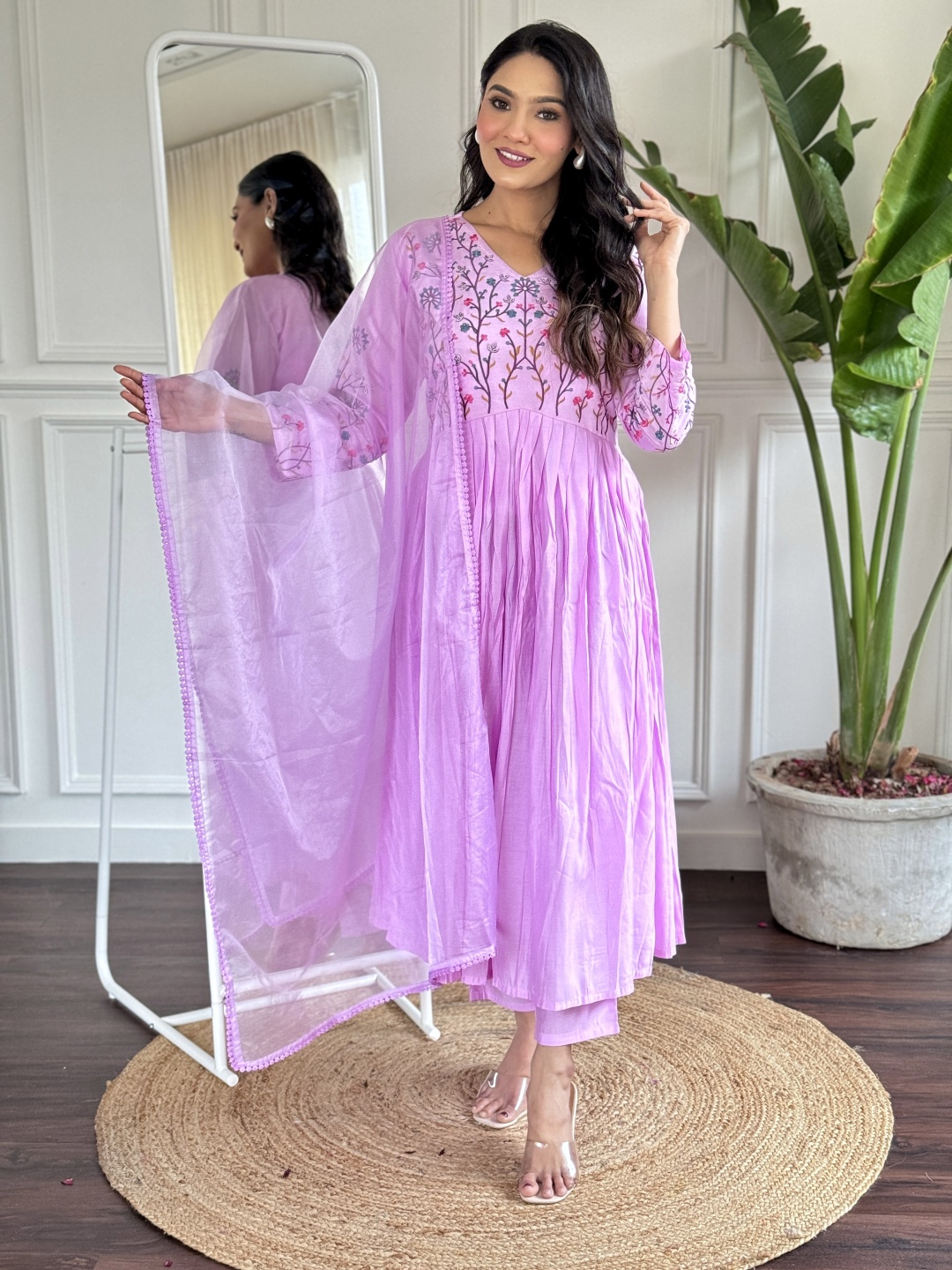 

KALINI Women Floral Embroidered Regular Chanderi Silk Kurta with Trousers & With Dupatta, Lavender