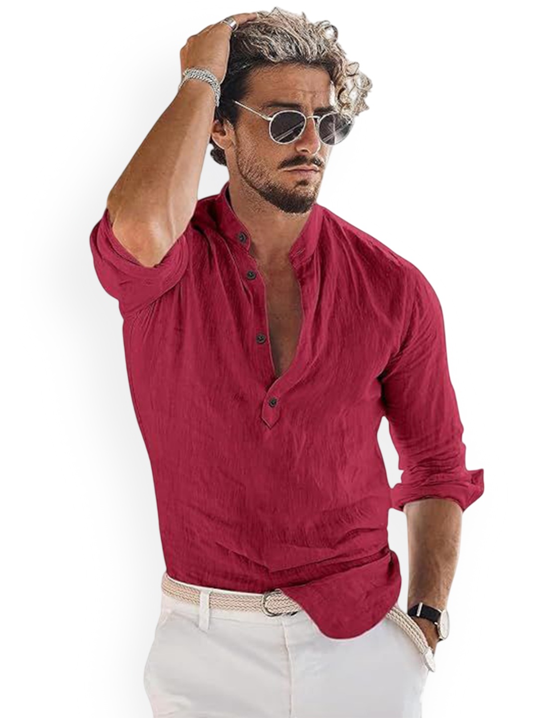 

Vida Loca Band Collar Cotton Straight Slim Fit Short Kurta, Maroon