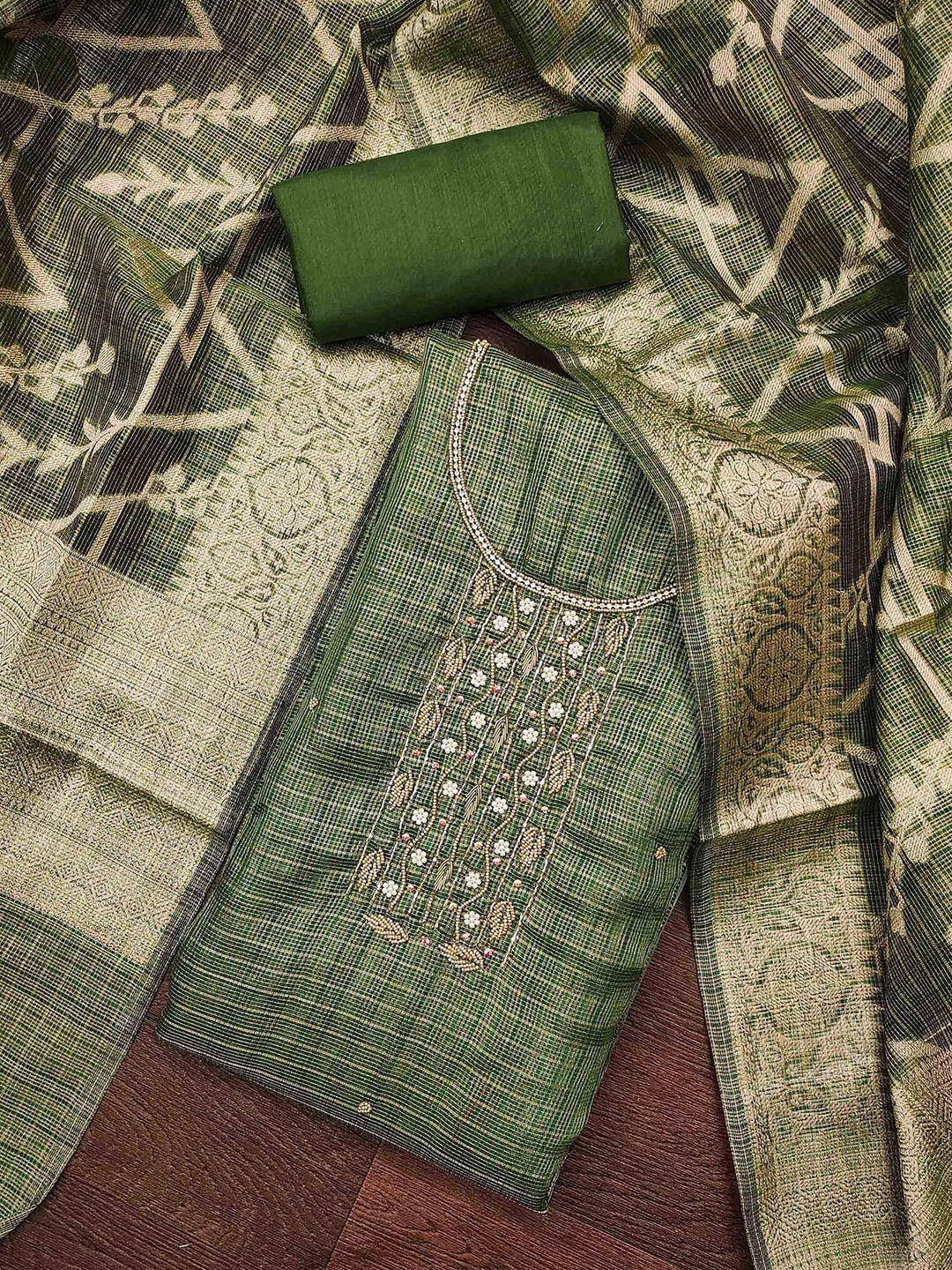

KALINI Organza Unstitched Dress Material, Green