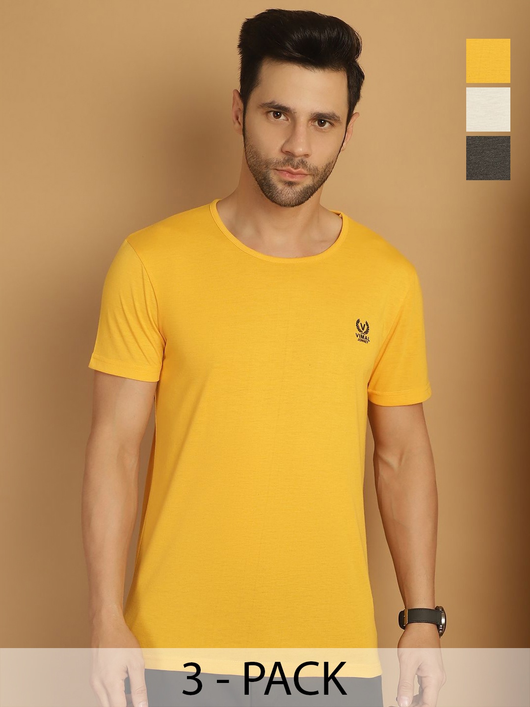 

VIMAL JONNEY Men Pack Of 3 Solid Round Neck Cotton T-shirts, Mustard