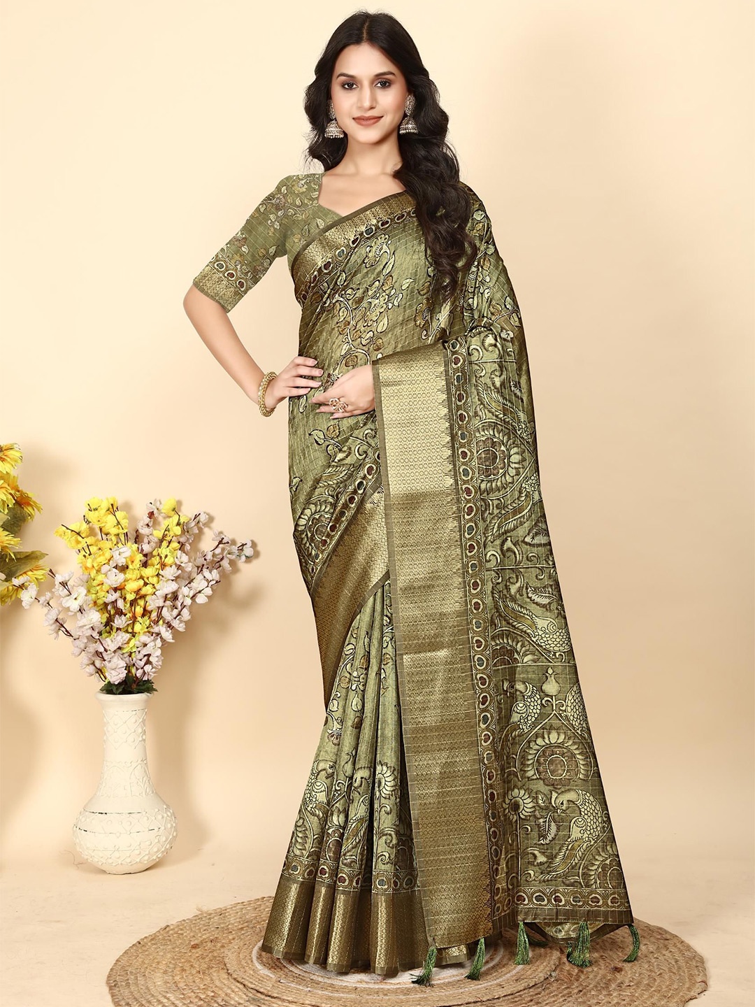 

J 6 DESIGNER Ethnic Motifs Art Silk Designer Block Print Saree, Olive