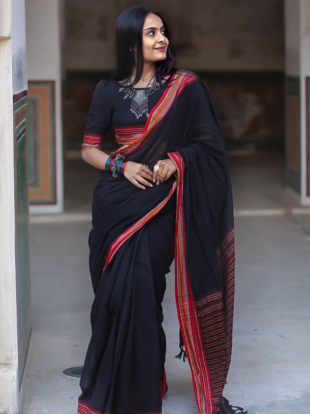 

MONRI Pure Cotton Saree, Black