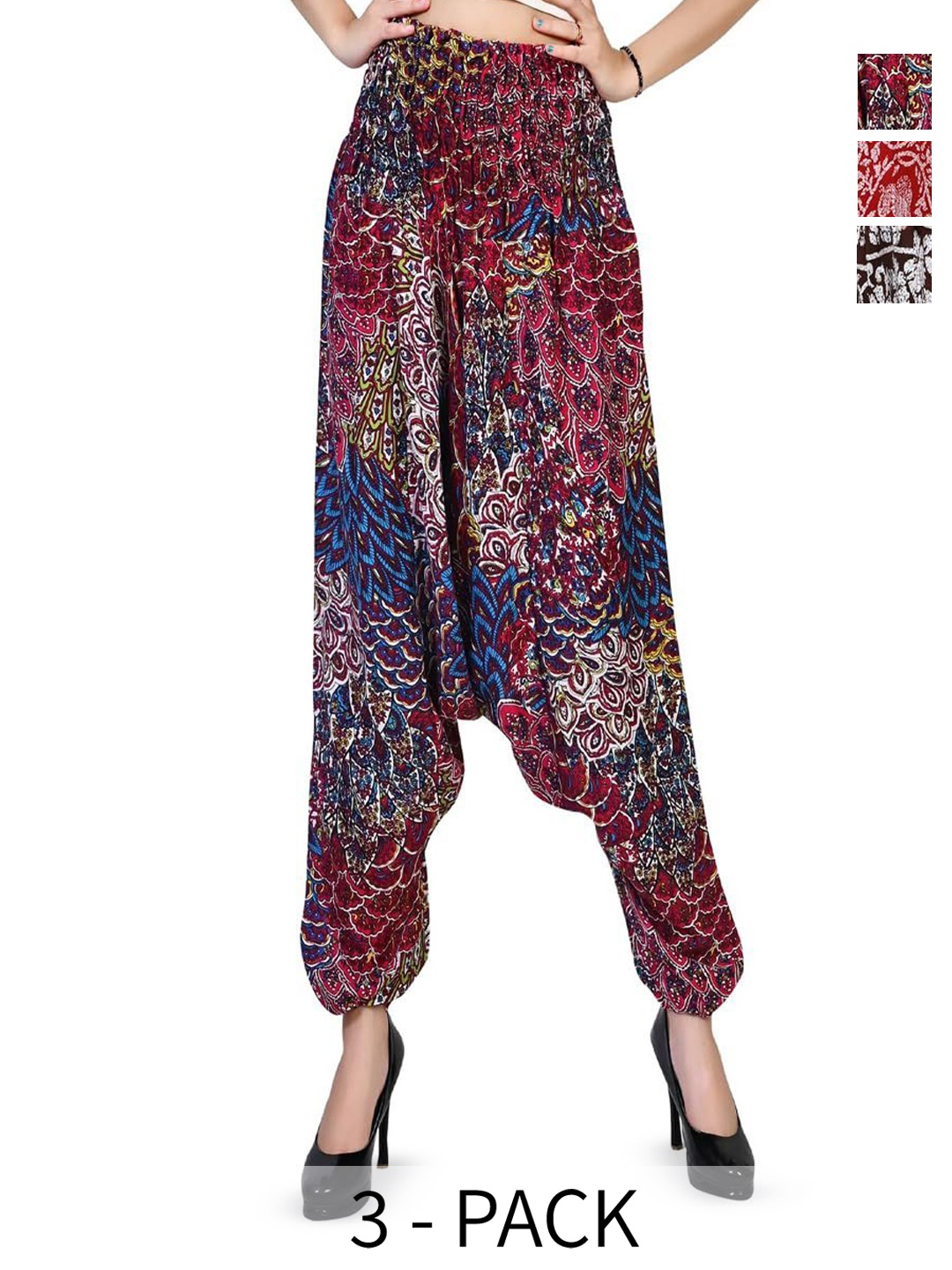 

NarNari Women Pack Of 3 Printed Harem Pants, Red